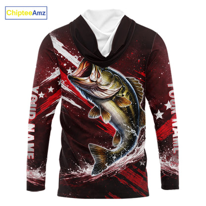 American Flag Fishing Shirt, Bass Long Sleeve Hooded Fishing Shirts, Bass Fishing Tournament Shirts|Red NBT434
