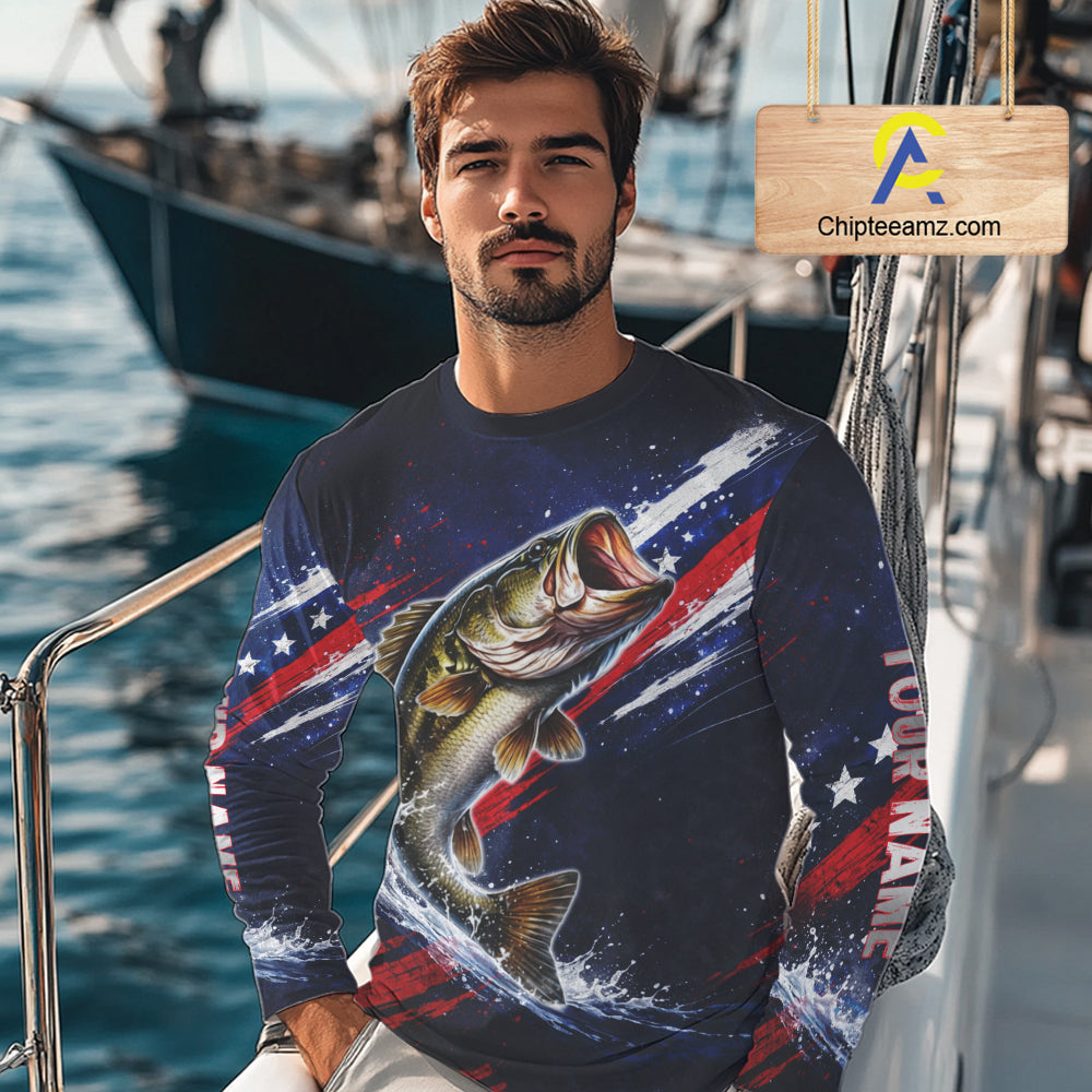American Flag Fishing Shirt, Bass Fishing Shirts Long Sleeve, Bass Fishing Tournament Shirts| Blue NBT433