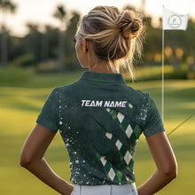 Load image into Gallery viewer, A woman wearing a green argyle golf polo shirt with “Team Name” on the back.