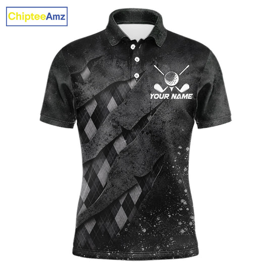 Front views of a gray argyle plaid pattern golf polo shirt, chest name text.