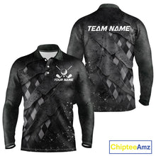 Load image into Gallery viewer, Front and back views of a gray argyle plaid pattern long sleeve golf polo shirt, chest name text, and team name on the back.
