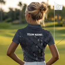 Load image into Gallery viewer, A woman wearing a green argyle golf polo shirt with “Team Name” on the back.