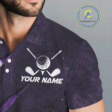 Load image into Gallery viewer, Close-up breathable fabric of purple argyle pattern golf polo shirt with “Team Name” and cross golf clubs on the chest.