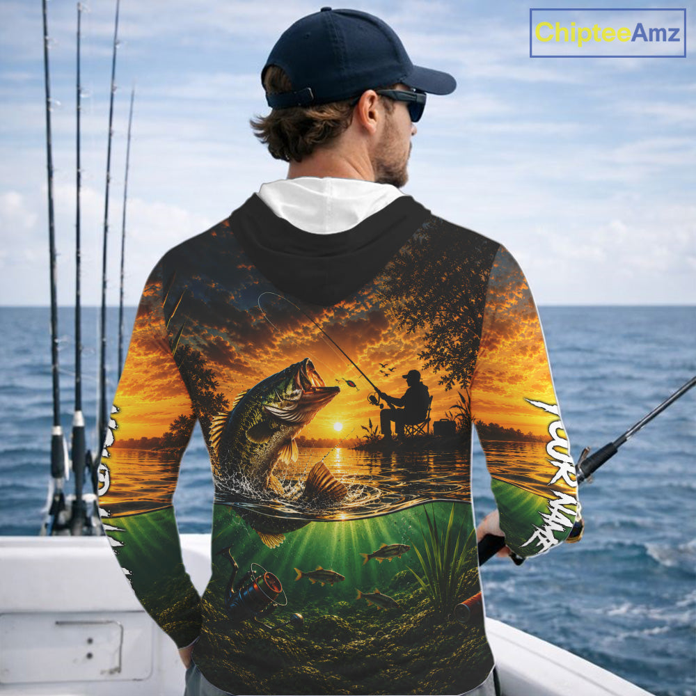 Largemouth Bass Fishing Custom Performance Long Sleeve Hooded Fishing Shirt, Bass Fishing Jerseys NBT946