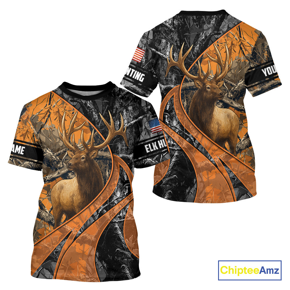 Elk Hunting Orange and Black Camo Shirts with US Flag, Personalized Hunting Shirt NBT100