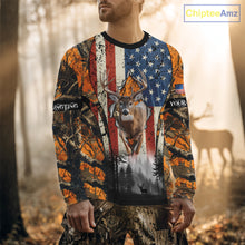 Load image into Gallery viewer, Whitetail Deer Hunting Big Game US Flag Custom Name Orange Camo Shirts, Personalized Deer Hunting Clothing NBT265