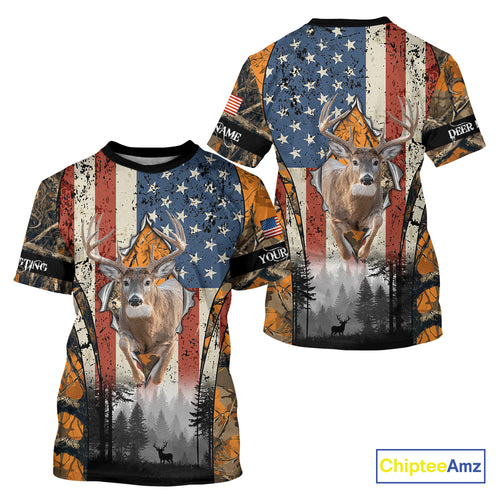 Whitetail Deer Hunting Big Game US Flag Custom Name Orange Camo Shirts, Personalized Deer Hunting Clothing NBT265