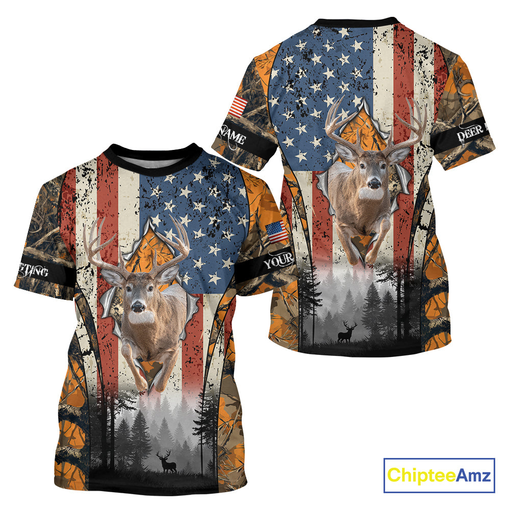 Whitetail Deer Hunting Big Game US Flag Custom Name Orange Camo Shirts, Personalized Deer Hunting Clothing NBT265