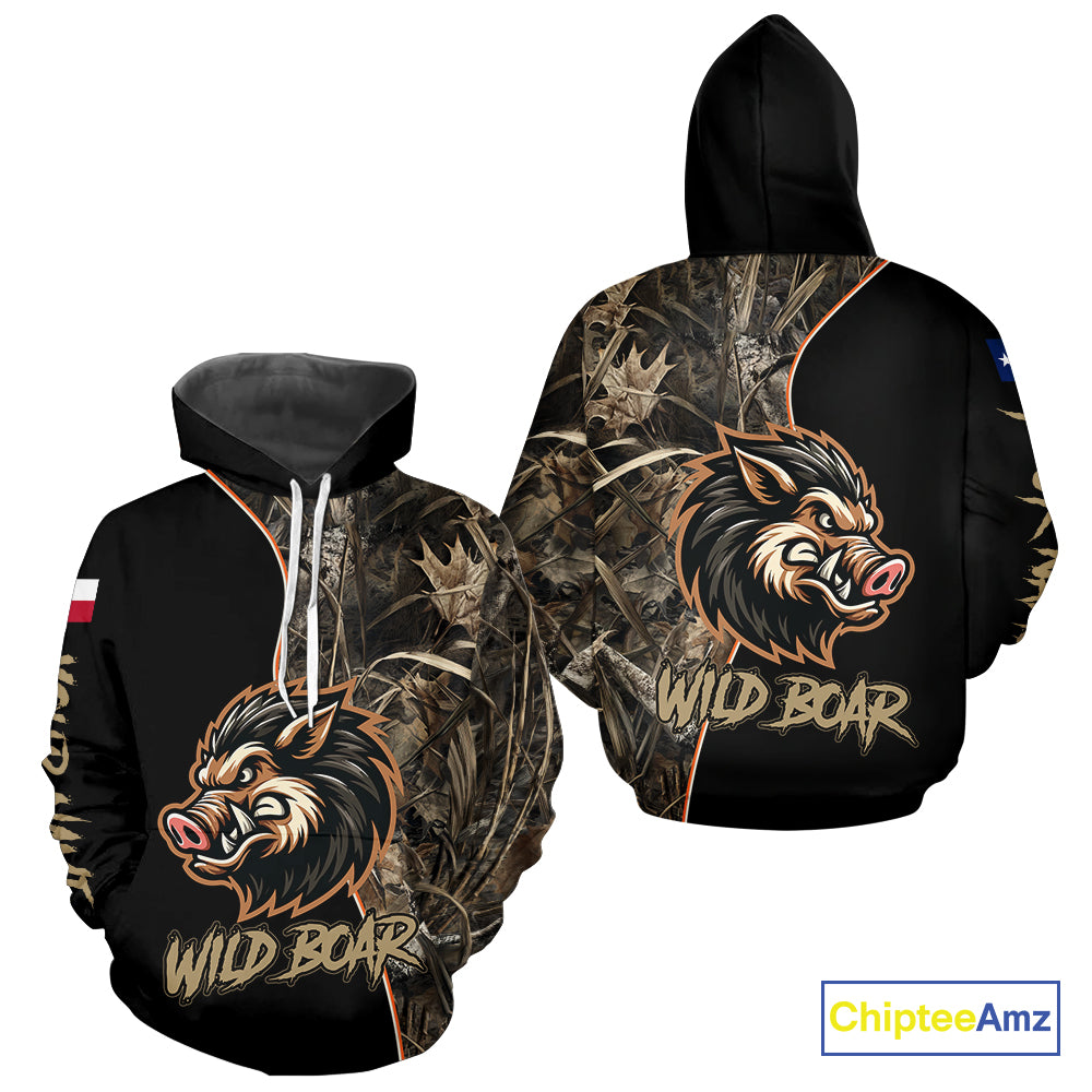 Custom Brown Camo with TX Flag Boar Hunting Shirts for Men, Boar Hunting Clothes, Hunting Gifts NBT188