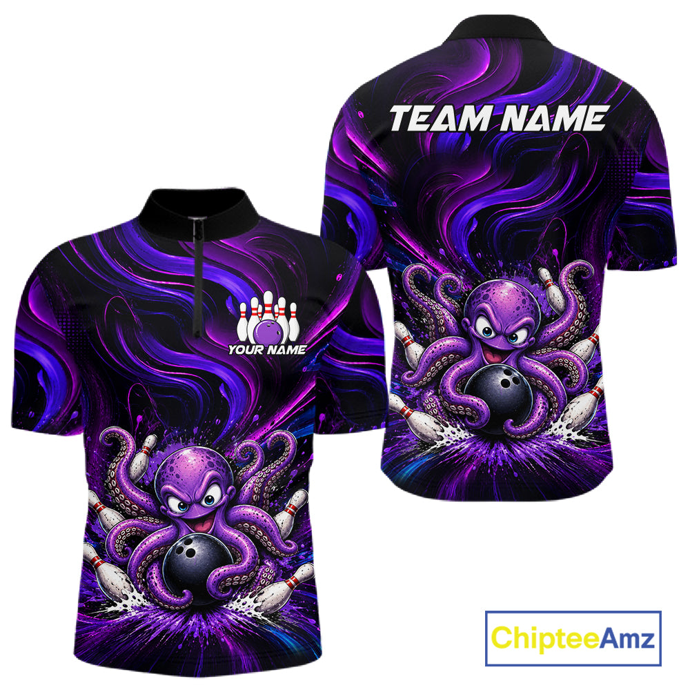 Funny Purple Octopus Bowling Polo & Quarter Zip For Men, Custom Bowling Team Shirt Bowling Jersey NBT960