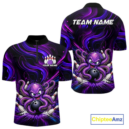 Funny Purple Octopus Bowling Polo & Quarter Zip For Men, Custom Bowling Team Shirt Bowling Jersey NBT960