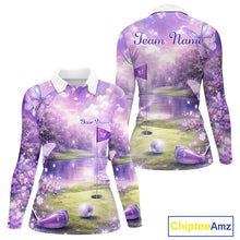 Load image into Gallery viewer, Purple Butterfly Womens Long Sleeve Golf Polo Shirt Custom Name Floral Colorful Golf Shirts NBT557