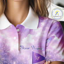 Load image into Gallery viewer, Purple Butterfly Womens Long Sleeve Golf Polo Shirt Custom Name Floral Colorful Golf Shirts NBT557