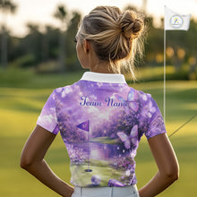 Load image into Gallery viewer, Purple Butterfly Womens Long Sleeve Golf Polo Shirt Custom Name Floral Colorful Golf Shirts NBT557