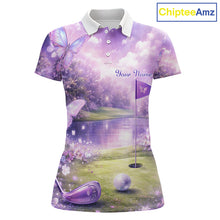Load image into Gallery viewer, Purple Butterfly Womens Long Sleeve Golf Polo Shirt Custom Name Floral Colorful Golf Shirts NBT557