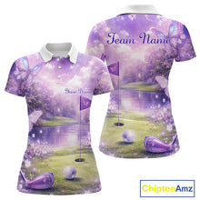 Load image into Gallery viewer, Purple Butterfly Womens Long Sleeve Golf Polo Shirt Custom Name Floral Colorful Golf Shirts NBT557