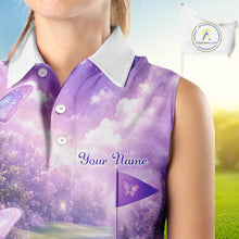 Load image into Gallery viewer, Purple Butterfly Womens Sleeveless Golf Polo Shirt Custom Name Floral Colorful Golf Shirts NBT557