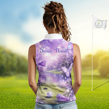 Load image into Gallery viewer, Purple Butterfly Womens Sleeveless Golf Polo Shirt Custom Name Floral Colorful Golf Shirts NBT557