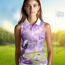 Load image into Gallery viewer, Purple Butterfly Womens Sleeveless Golf Polo Shirt Custom Name Floral Colorful Golf Shirts NBT557