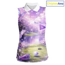 Load image into Gallery viewer, Purple Butterfly Womens Sleeveless Golf Polo Shirt Custom Name Floral Colorful Golf Shirts NBT557