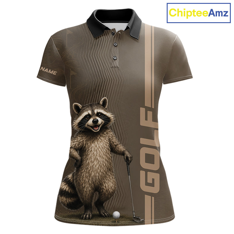 Personalized Funny Brown Raccoon Custom Name Polo Golf Shirt For Womens, Golfer Gifts NBT888