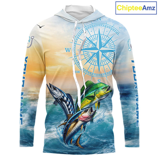 Front view of personalized mahi mahi wahoo tuna blue hooded performance fishing shirt