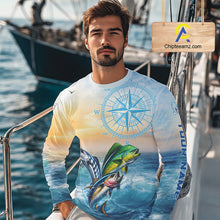 Load image into Gallery viewer, Angler wearing mahi mahi wahoo tuna blue performance fishing shirt on boat with custom name on sleeves