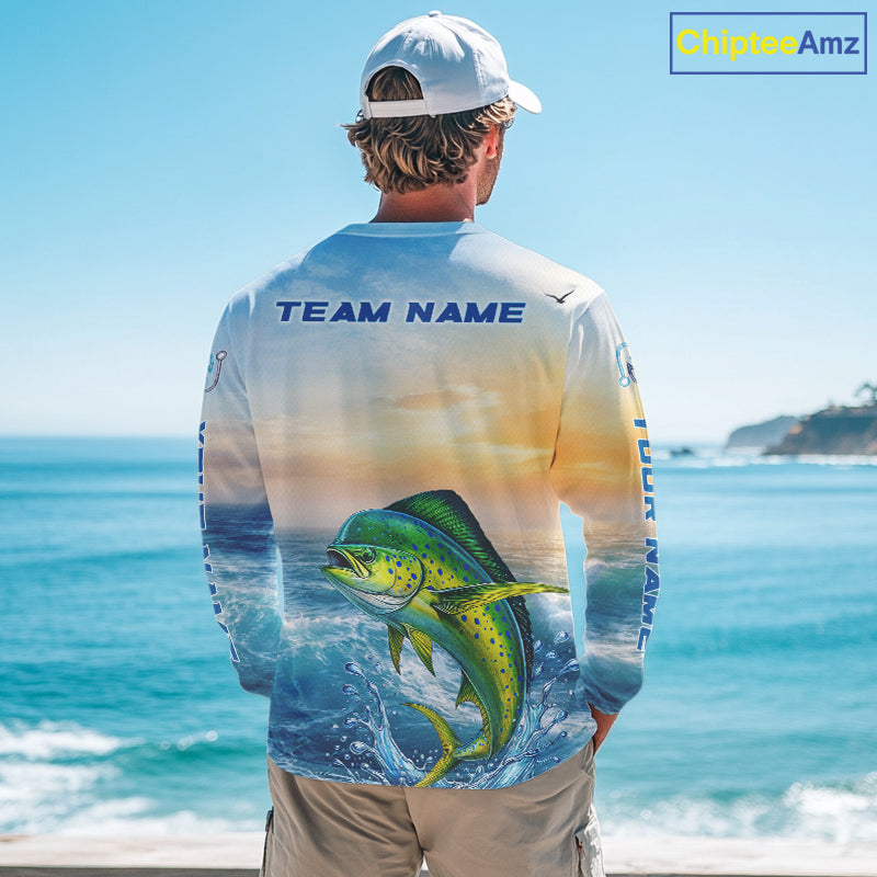Mahi Mahi Fishing Sunset Custom Fishing Long Sleeve Shirt, Mahi Mahi Compass Offshore Fishing Apparel NBT585
