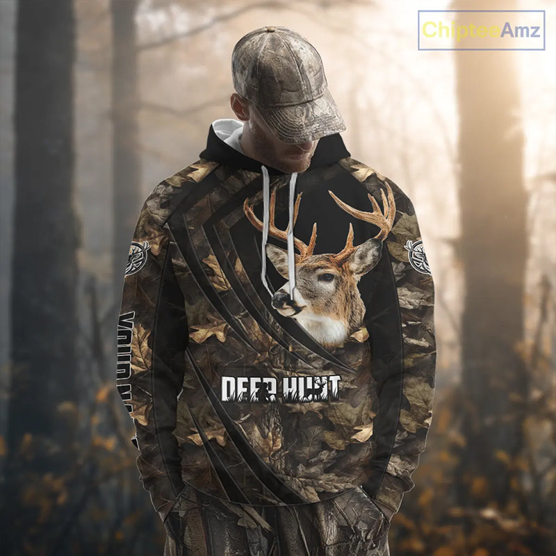 Personalized Whitetail Deer Hunting 3D All Over Printed Hoodie Brown Autumn Leaves Camo NBT276