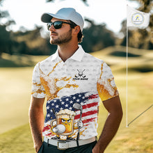 Load image into Gallery viewer, Man wearing Patriotic Beer Golf Polo Shirt on golf course, red white blue patriotic design, tailored fit