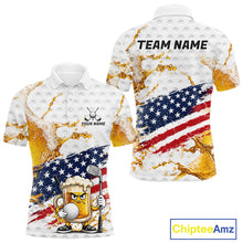 Load image into Gallery viewer, Patriotic Beer Mens Golf Polo Shirt front and back view - custom team logo, tailored fit Polo collar, breathable short sleeve