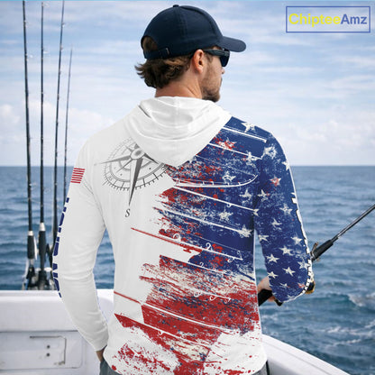Personalized Patriotic Fishing Team Shirts, American Flag Long Sleeve Hooded Fishing Shirts NBT486