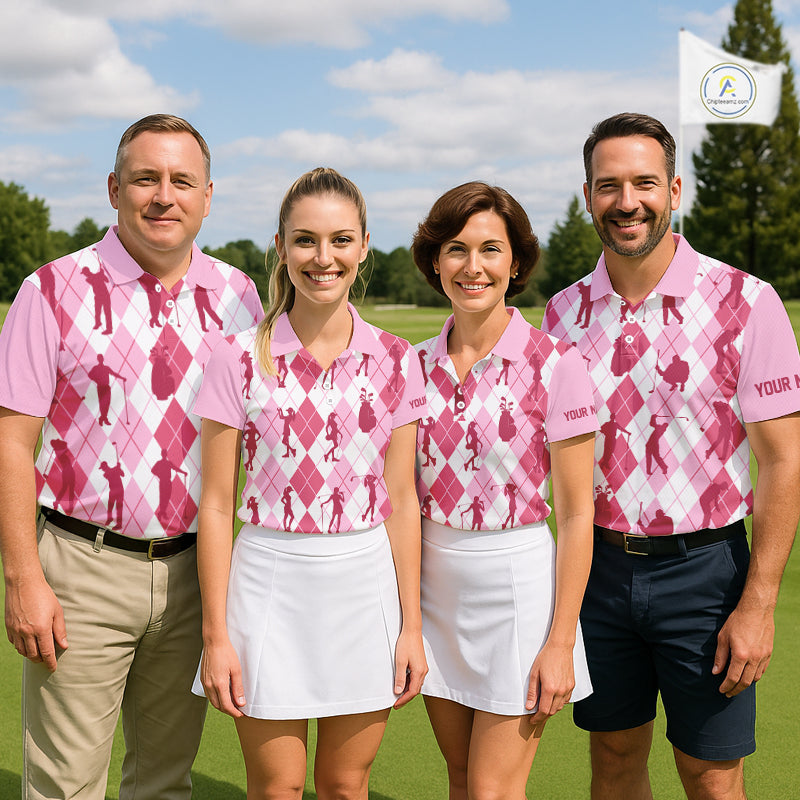 Light Pink Argyle Mens Golf Polo Shirts, Golf Shirts Custom Team Golf Polo For Men Team Golf Tops NBT491