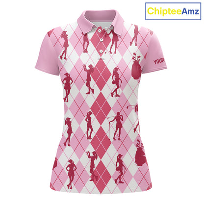 Light Pink Argyle Womens Golf Polo Shirts, Golf Shirts Custom Team Golf Polo For Ladies Team Golf Tops NBT491