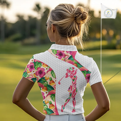 Colorful Tropical Pattern Womens Golf Polo Shirt Custom Name White Golf Shirt, Golf Gifts NBT499