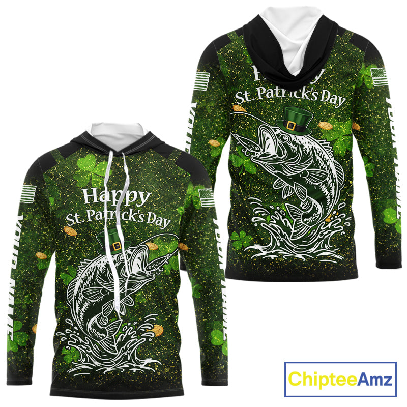 Custom St Patrick's Day American Flag Bass Long Sleeve Hooded Fishing Shirts, Patriotric Bass Fishing Jerseys NBT381