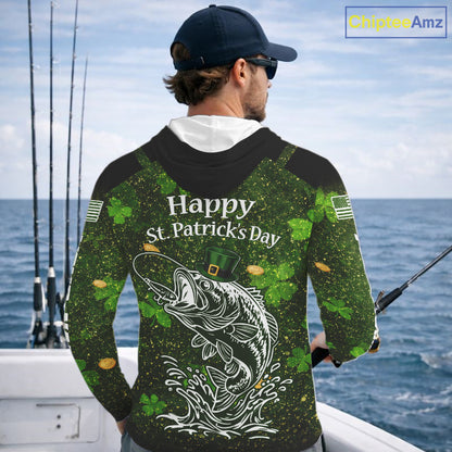 Custom St Patrick's Day American Flag Bass Long Sleeve Hooded Fishing Shirts, Patriotric Bass Fishing Jerseys NBT381