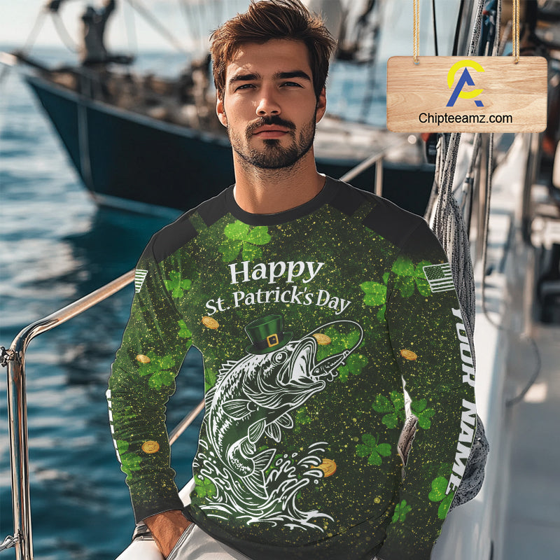 Custom St Patrick's Day American Flag Bass Long Sleeve Fishing Shirts, Patriotric Bass Fishing Jerseys NBT381