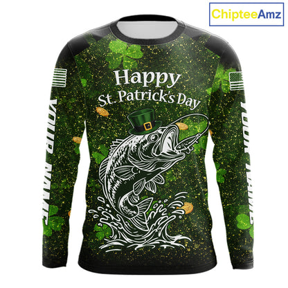 Custom St Patrick's Day American Flag Bass Long Sleeve Fishing Shirts, Patriotric Bass Fishing Jerseys NBT381
