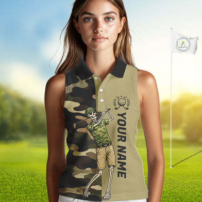Funny Skull Womens Sleeveless Golf Polo Shirts Green Camo Pattern Custom Name Skull Playing Golf Apparel NBT625
