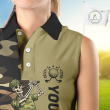 Load image into Gallery viewer, Funny Skull Womens Sleeveless Golf Polo Shirts Green Camo Pattern Custom Name Skull Playing Golf Apparel NBT625