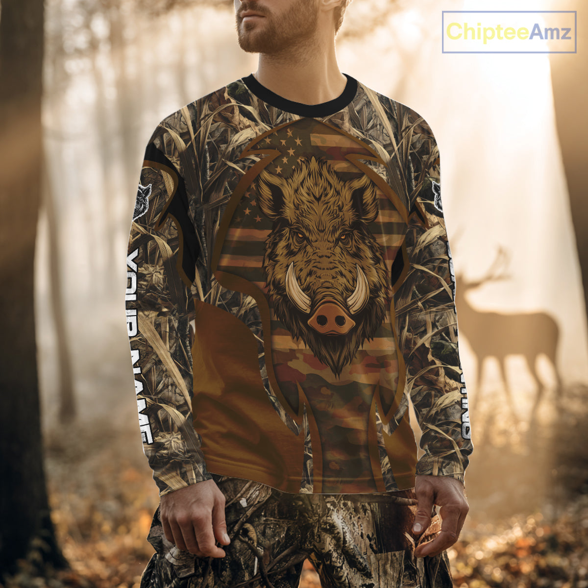 Personalized Wild Boar Hunting Brown Camo US Flag Printed Shirts, Hunting Gifts NBT235
