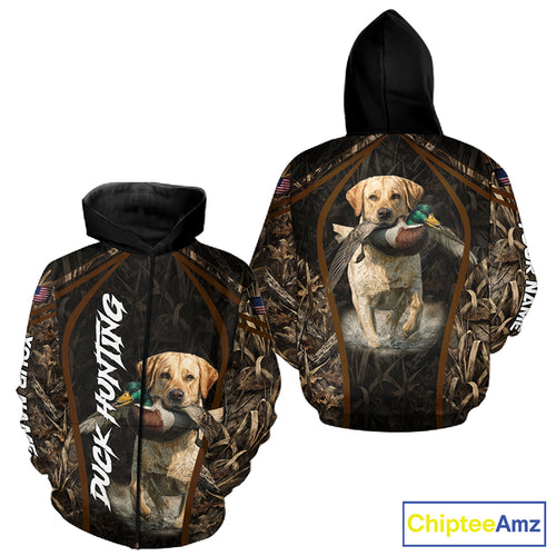 Waterfowl Duck Hunting Yellow Labrador Retriever Camo US Flag 3D Shirts, Duck Hunting Gifts NBT239