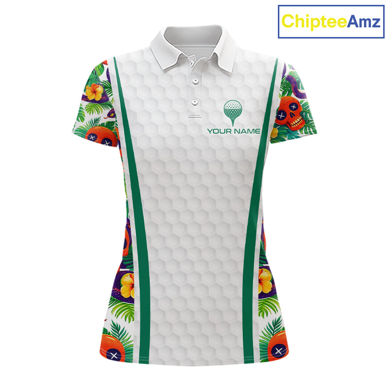 Funny Golf Skull Tropical Pattern Golf Polo Shirt Custom Name Golf Shirts For Womens NBT519