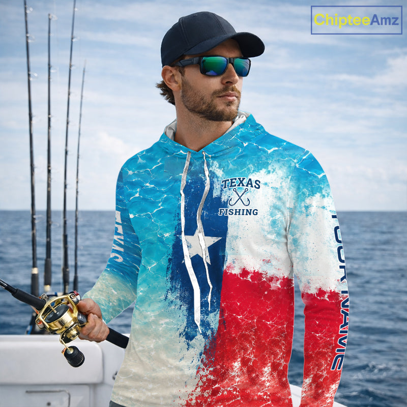 Angler wearing Texas Bass Fishing Long Sleeve Hooded Fishing Shirt with personalized name on sleeves