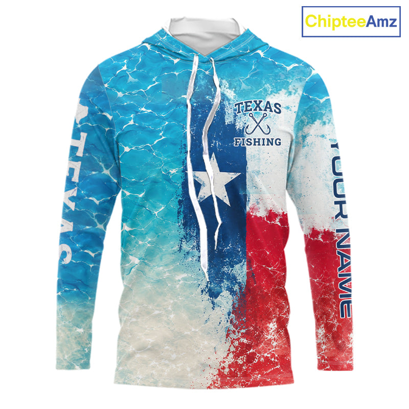 Front view of Texas Catfish Fishing ocean camo hooded shirt with Texas flag design