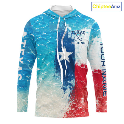 Front view of Texas Catfish Fishing ocean camo hooded shirt with Texas flag design