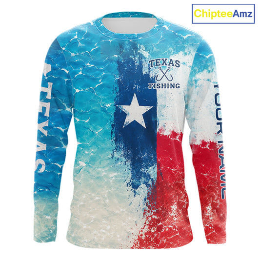 Texas Catfish Fishing Texas Flag, Blue Sea Wave Ocean Camo Long Sleeve Catfish Fishing Shirt NBT868