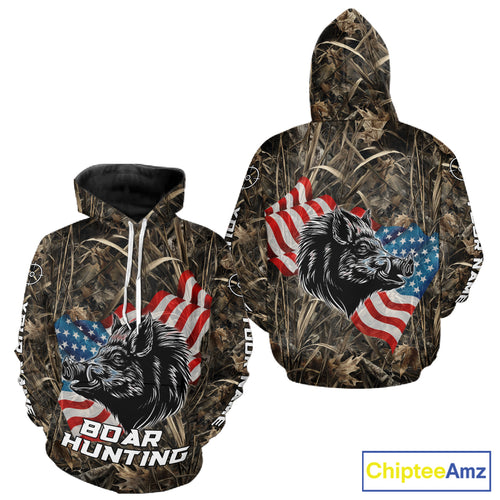 Custom Wild Boar Hunting Camo Full Printing US Flag Shirts Boar Hunting Gifts for Hunters NBT257