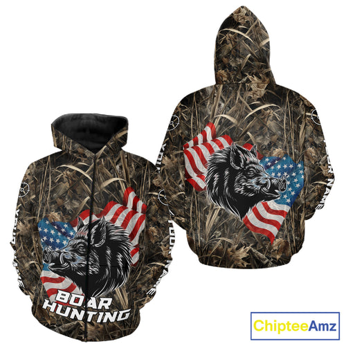 Custom Wild Boar Hunting Camo Full Printing US Flag Shirts Boar Hunting Gifts for Hunters NBT257